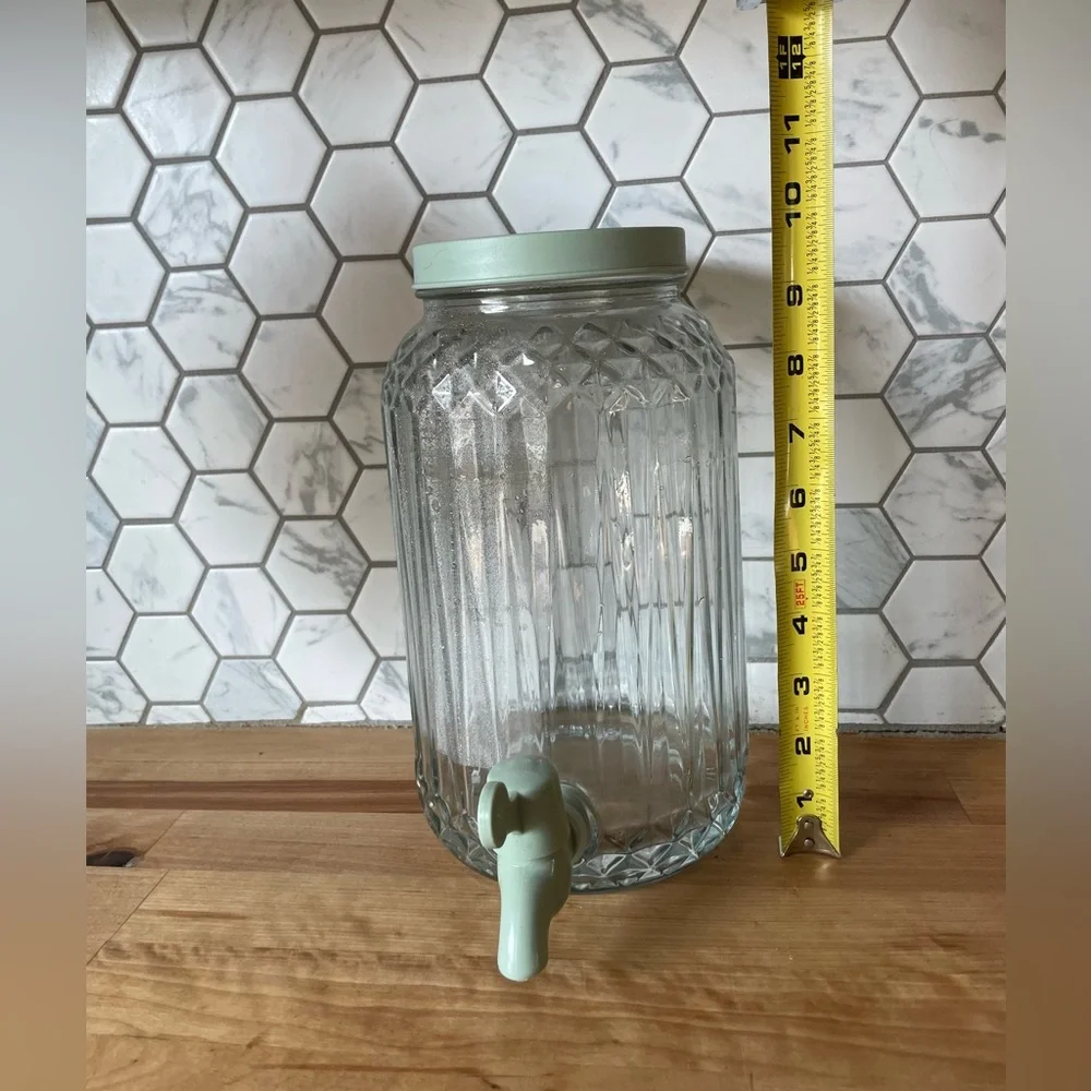 IKEA Clear Glass Beverage Dispenser with Green Lid and Spout